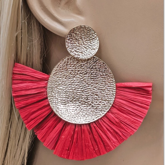Brand New Red & Gold Raffia Statement Earrings - Picture 2 of 3